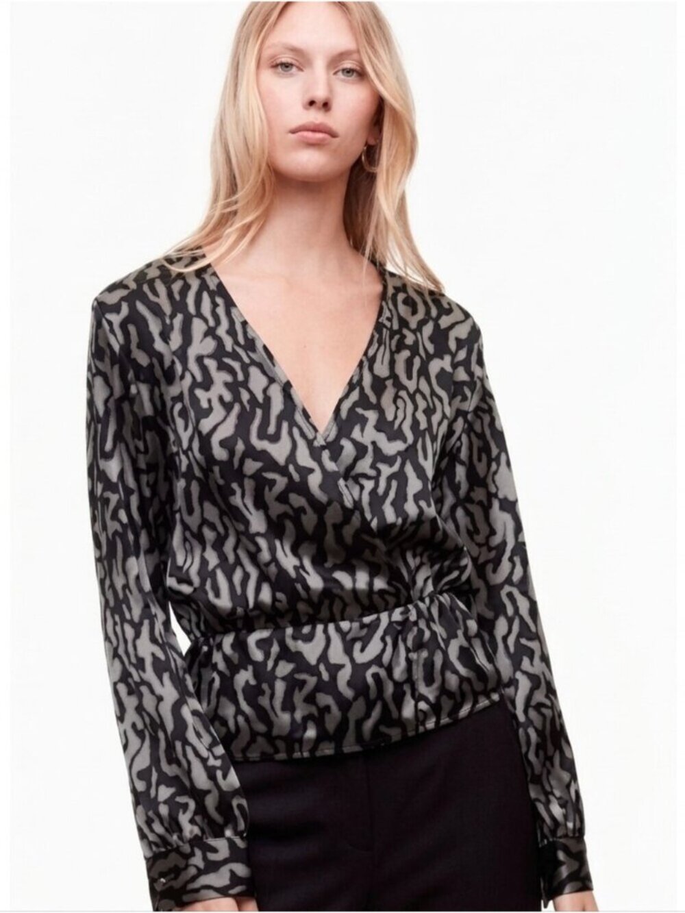TALULA Aritzia Satin Wrap Front Blouse Abstract Animal Print Gray Black XS